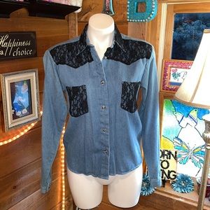 ALAMOSA blue jean long sleeve button down shirt black lace